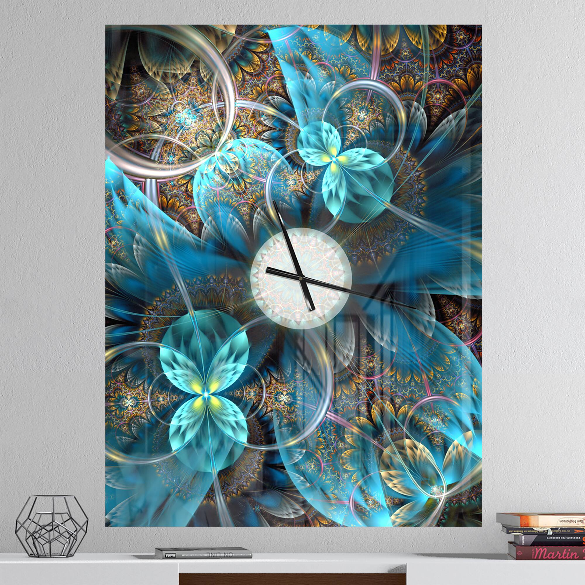 Designart 'Fractal Blue Flowers Modern Rectangular Wall Clock
